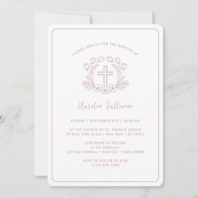Invitación Baptismo simple de la cruz rosa floral (Anverso)