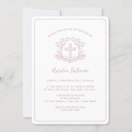 Invitación Baptismo simple de la cruz rosa floral
