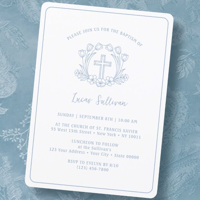 Invitación Baptismo simple de la luz floral azul (Subido por el creador)
