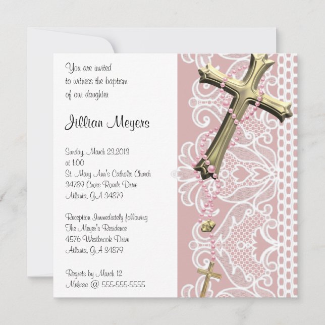 Invitación Baptismo simple y elegante en la cruz púrpura/cris (Anverso)