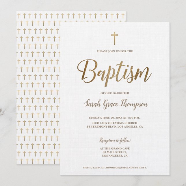 Invitación Baptismo simple y moderno de la Cruz de Oro Blanco (Anverso / Reverso)