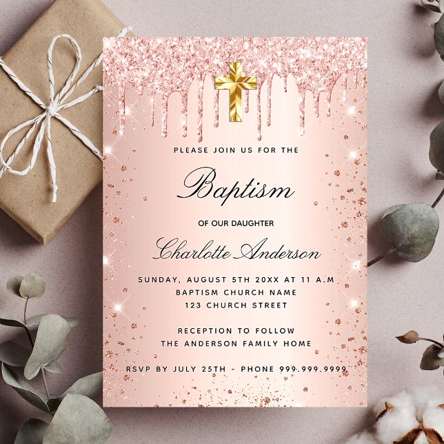 Invitación Baptismo sonrojizo rosa oro purpurinas goteo chica (Subido por el creador)