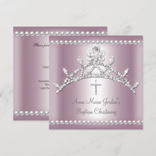 Invitación Baptismo Tiara Plata Rosa Perla Blanca Diamante (Anverso / Reverso)
