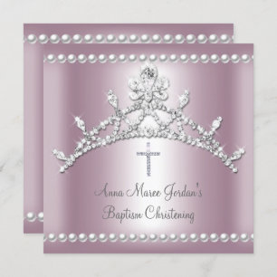 Invitación Baptismo Tiara Plata Rosa Perla Blanca Diamante