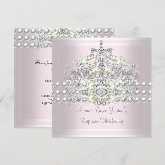 Invitación Baptismo Tíara Plata Títara Perla Blanca Diamante (Anverso / Reverso)