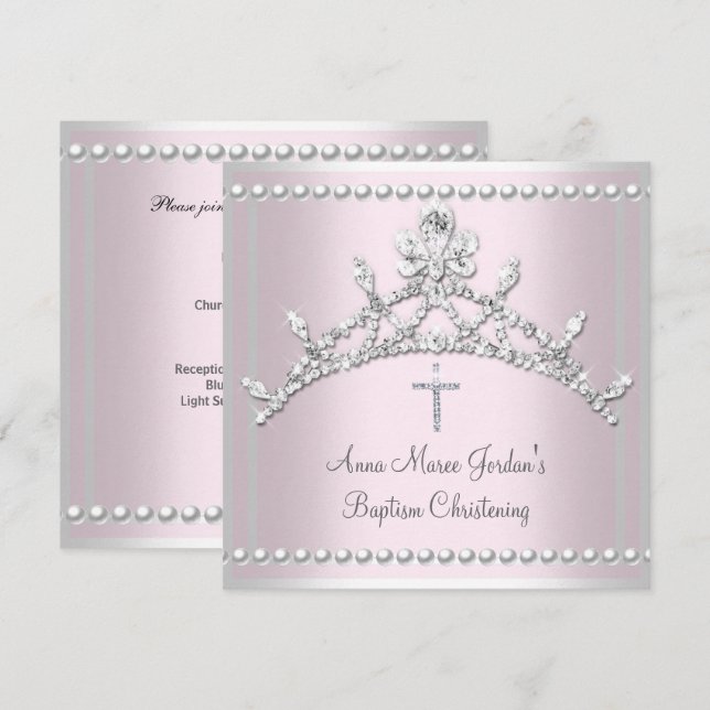 Invitación Baptismo Tíara Plata Títara Perla Blanca Diamante (Anverso / Reverso)