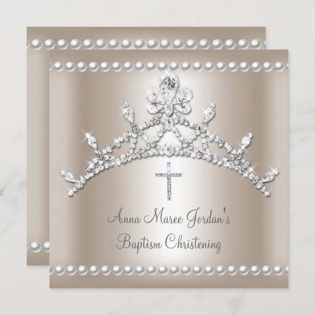 Invitación Baptismo Tiara Sepia Plata Diamante de Perla Blanc (Anverso / Reverso)
