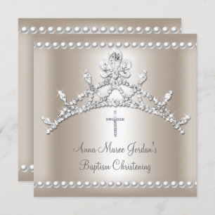 Invitación Baptismo Tiara Sepia Plata Diamante de Perla Blanc