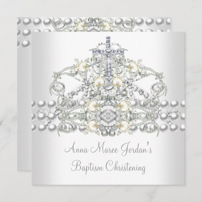 Invitación Baptismo Tiara Silver Diamante de Perla Blanca (Anverso / Reverso)
