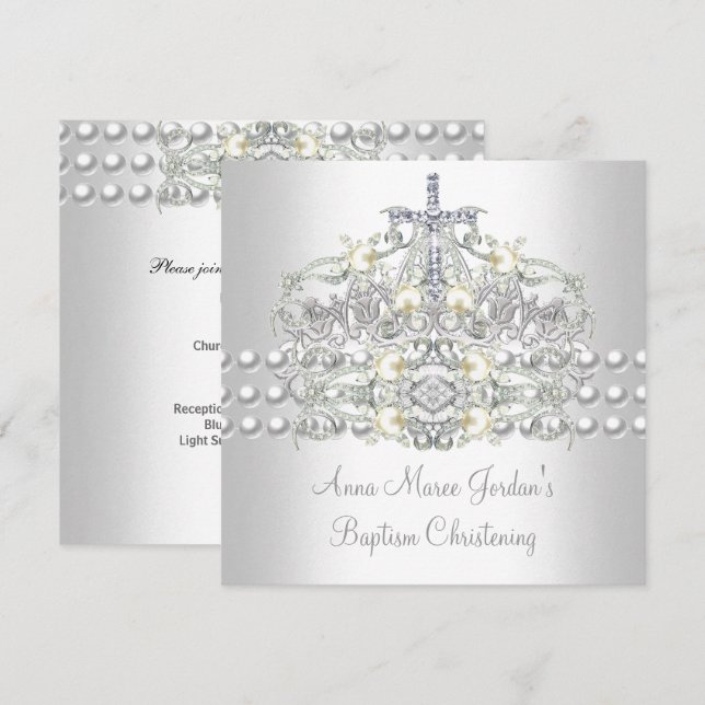 Invitación Baptismo Tiara Silver Diamante de Perla Blanca (Anverso / Reverso)