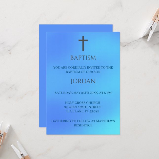 Invitación Baptismo tradicional entre religiones azules (Anverso/Reverso In Situ)