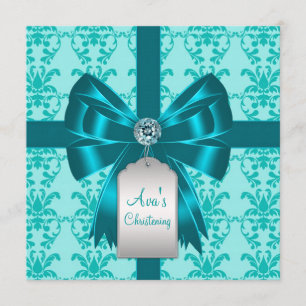 Invitación Baptismo verde azulado de bebé de Damasco Azul
