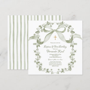 Invitación Baptismo verde de sabio neutro Elegante tela franc