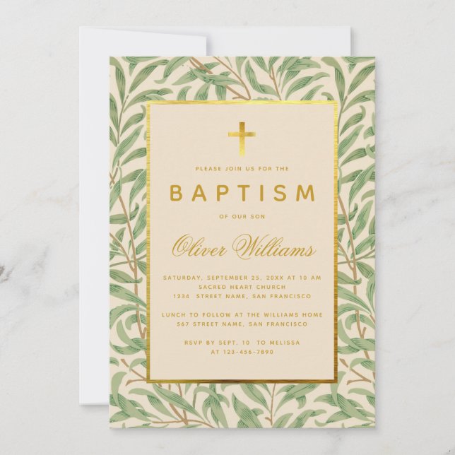 Invitación Baptismo Verde Salta Faux Gold Cross Morris Willow (Anverso)