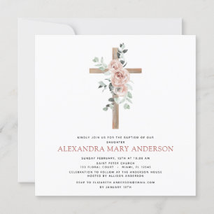 Invitación Baptismo Verdor Dusty Cruz Rosa Rosa Cristiana