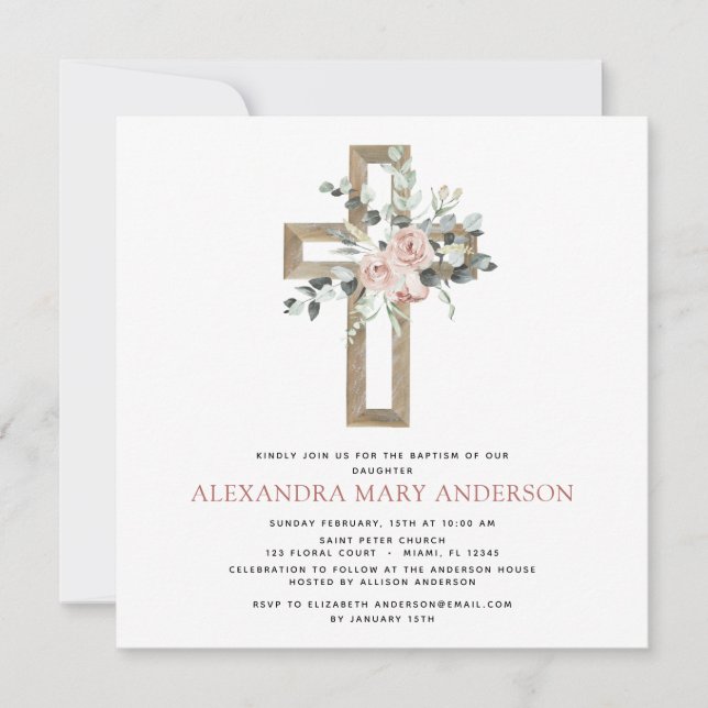 Invitación Baptismo Verdor Dusty Cruz Rosa Rosa Rosa (Anverso)