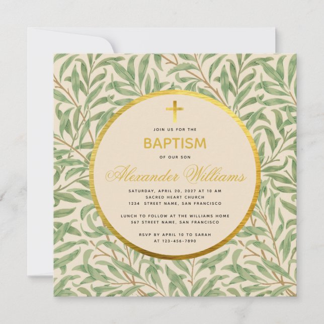 Invitación Baptismo Verdor Faux Gold Circle Género Neutral (Anverso)