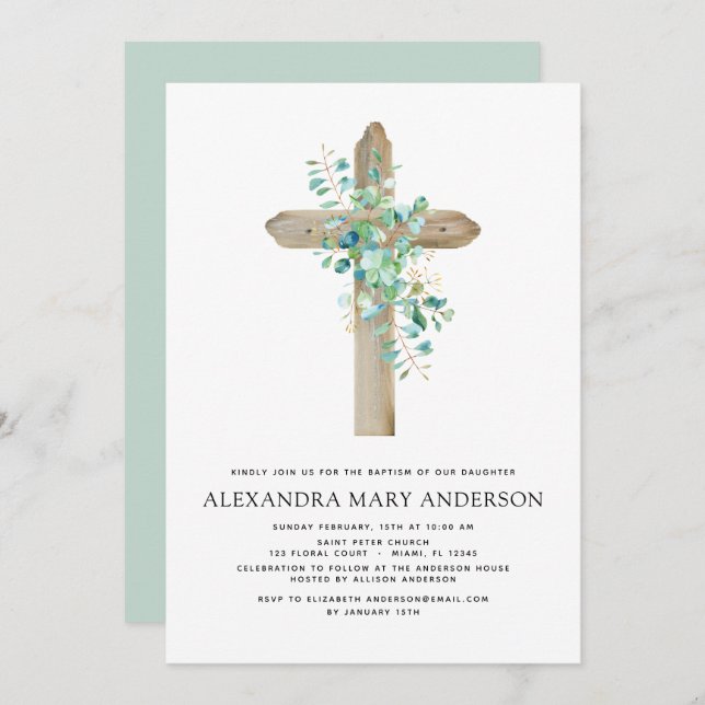 Invitación Baptismo Verdor Sage Eucalyptus (Anverso / Reverso)