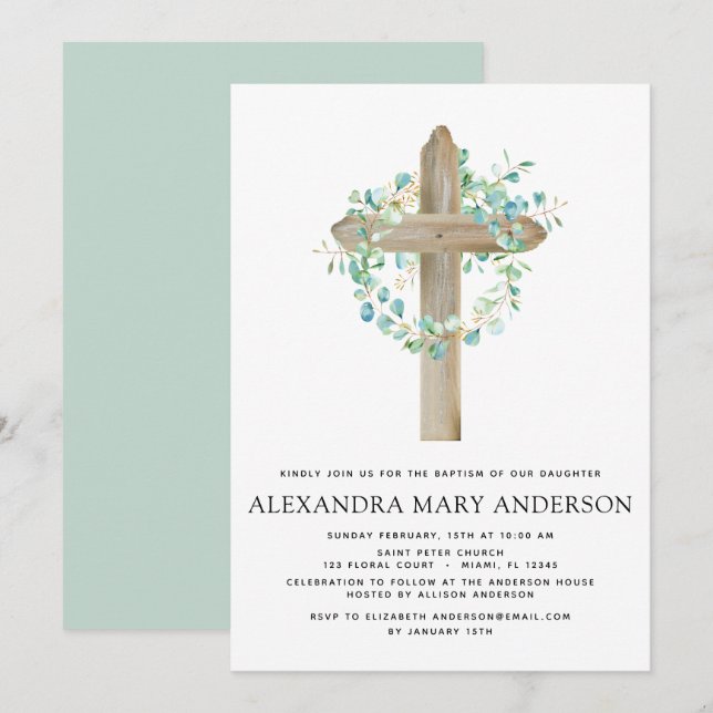 Invitación Baptismo Verdor Sage Eucalyptus Cruz de Madera (Anverso / Reverso)