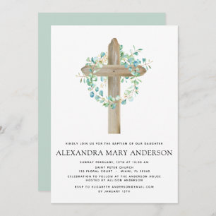 Invitación Baptismo Verdor Sage Eucalyptus Cruz de Madera