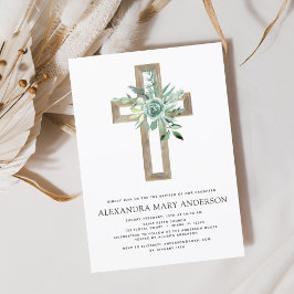 Invitación Baptismo Verdor Sage Eucalyptus Gold Cross