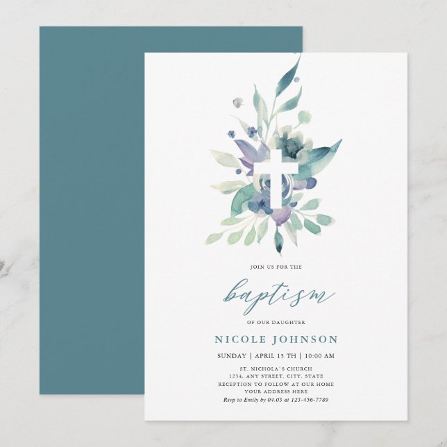 Invitación Baptismo Violeta Azul Florales Elegancia Invitació (Anverso / Reverso)
