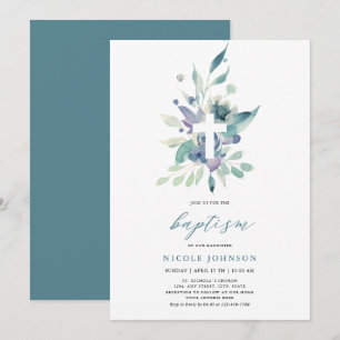 Invitación Baptismo Violeta Azul Florales Elegancia Invitació