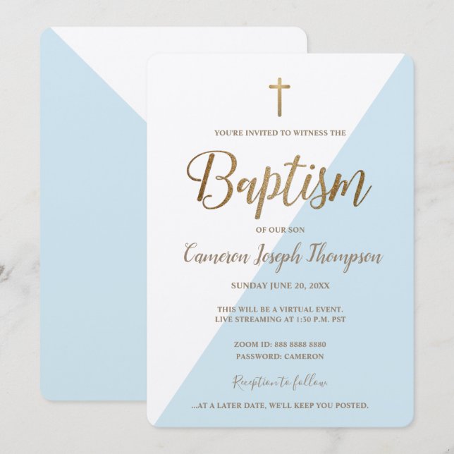 Invitación Baptismo virtual de la Cruz Blanca de Oro Azul Sim (Anverso / Reverso)
