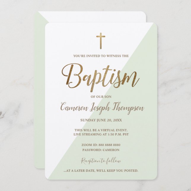 Invitación Baptismo virtual de la Cruz Blanca de Oro Verde Si (Anverso / Reverso)