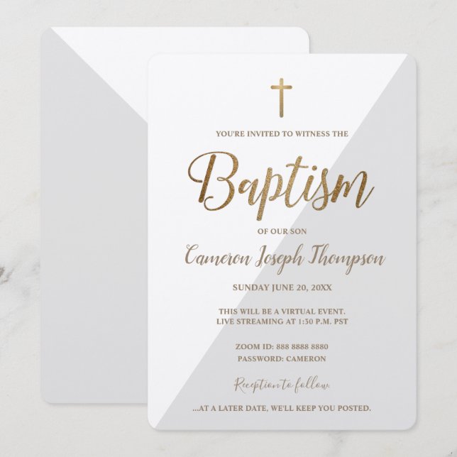 Invitación Baptismo virtual de la Cruz Blanca Gris Gris simpl (Anverso / Reverso)
