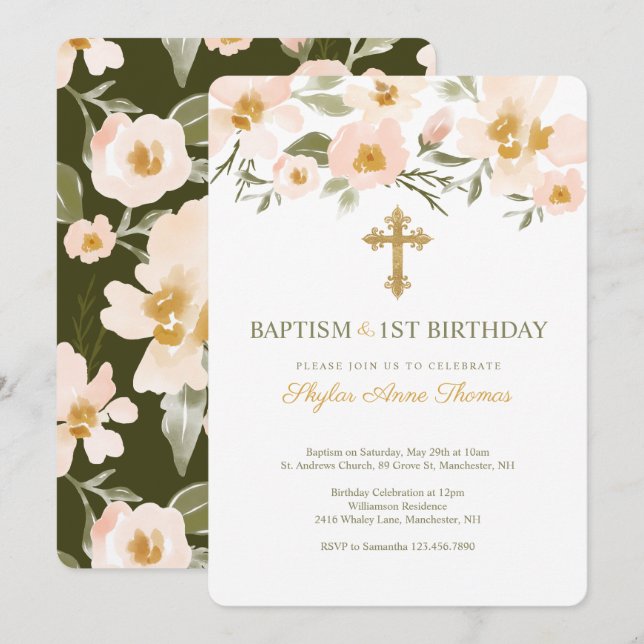 Invitación Baptismo y 1.ᵉʳ Nacimiento Elegante Floración acuá (Anverso / Reverso)
