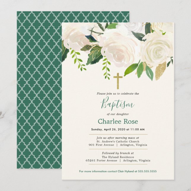 Invitación Baptismo y brunch en las rosas blancas (Anverso / Reverso)