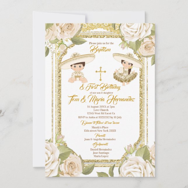 Invitación Baptismo y Chica del niño gemelo floral blanco de  (Anverso)