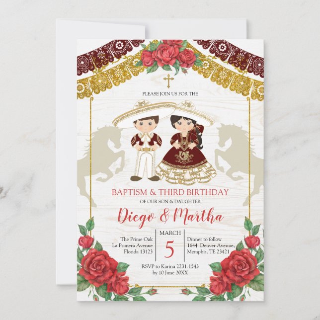 Invitación Baptismo y cumpleaños gemelos rojo en Borgoña (Anverso)