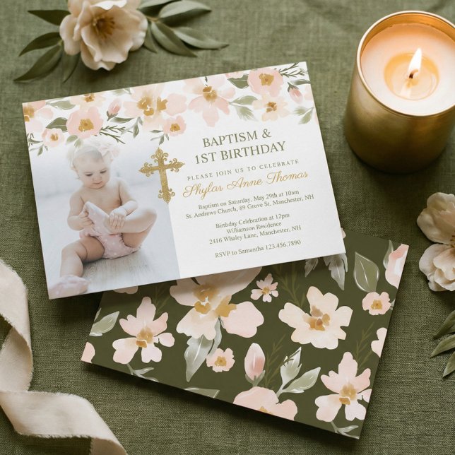 Invitación Baptismo y foto de las Florales acuáticas del prim (Photo Baptism & 1st Birthday Watercolor Florals Invitation)