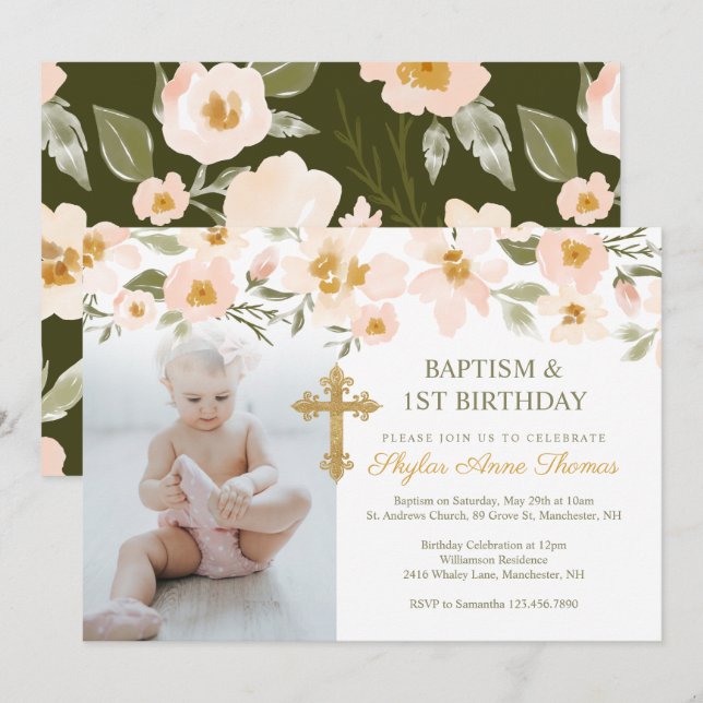 Invitación Baptismo y foto de las Florales acuáticas del prim (Anverso / Reverso)