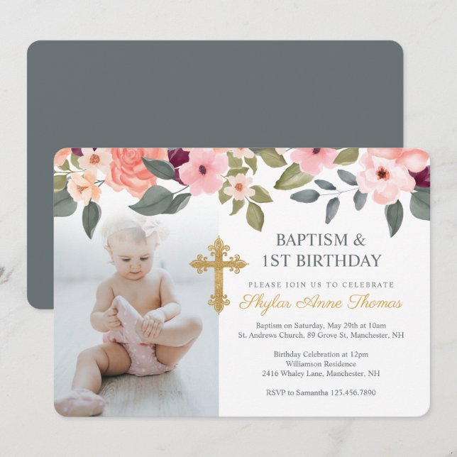 Invitación Baptismo y foto de las flores acuáticas del primer (Anverso / Reverso)