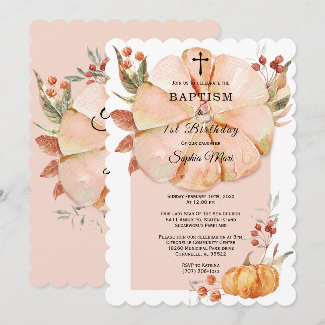 Invitación Baptismo y primer Chica de calabaza de cumpleaños (Anverso / Reverso)