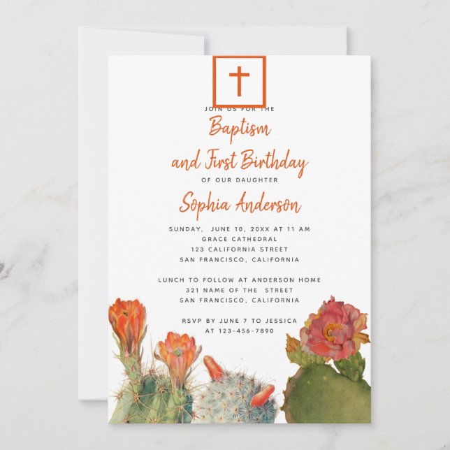 Invitación Baptismo y primer cumpleaños Chica de Flores de Ca (Anverso)