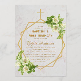 Invitación Baptismo y primer cumpleaños de oro ilies Marble F