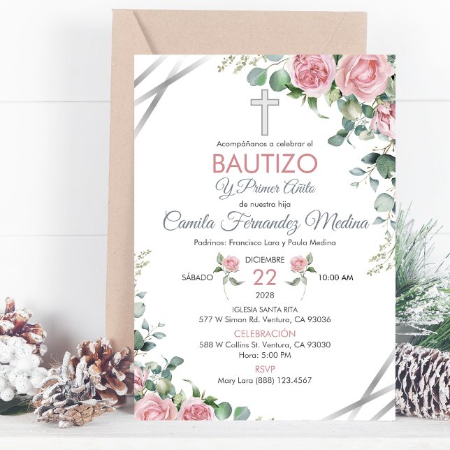 Invitación Baptismo y primer cumpleaños en rosas rosadas espa (Subido por el creador)