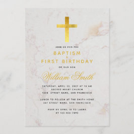 Invitación Baptismo y primer cumpleaños Faux Gold Cross Marbl