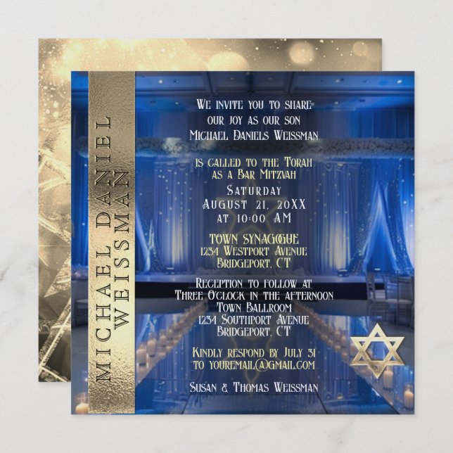 Invitación Bar azul de la Marina y el oro Mitzvah (Anverso / Reverso)