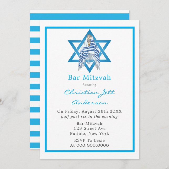 Invitación Bar Azul Mitzvah Star Of David Invitation (Anverso / Reverso)