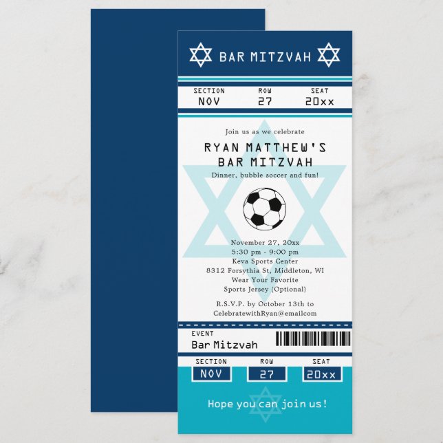 Invitación Bar azul y Verde azulado Mitzvah Ticket (Anverso / Reverso)
