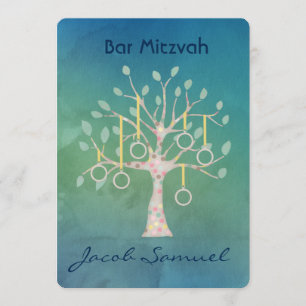 Invitación Bar Bat Bnai Tree of Life Mitzvah Watercolor Azul