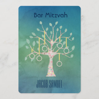 Invitación Bar Bat Bnai Tree of Life Mitzvah Watercolor azul