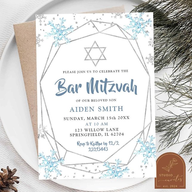 Invitación Bar/Bat Mitzvah Azul Copo de Nieve de Invierno  (Subido por el creador)