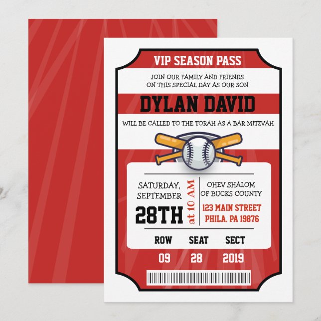 INVITACIÓN Bar Bat Mitzvah BOLETO DE BÉISBOL (Anverso / Reverso)