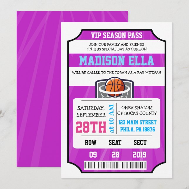 Invitación Bar Bat Mitzvah BOLETO VIP DE BALONCEST (Anverso / Reverso)